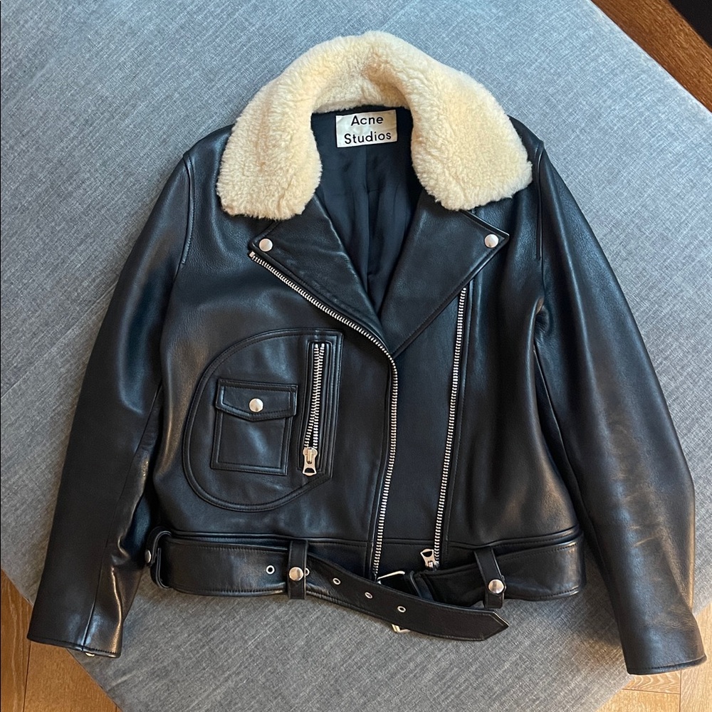 Acne Studios Merlyn Biker Jacket w/ Removable Lamb Shearling Collar, Size 32